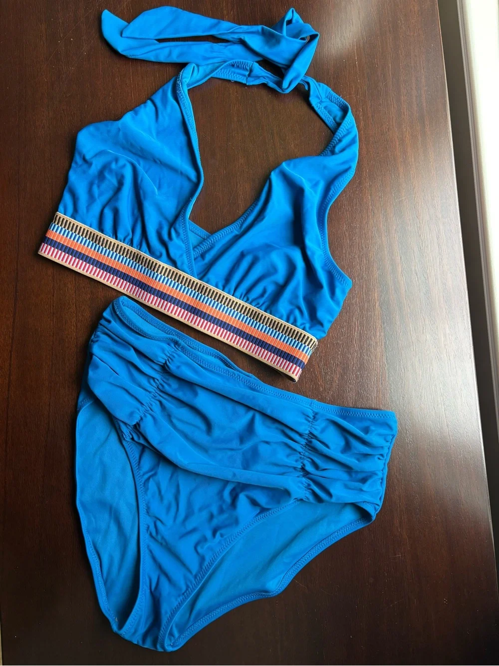 Blue Halter Bikini Set with Striped Elastic Band